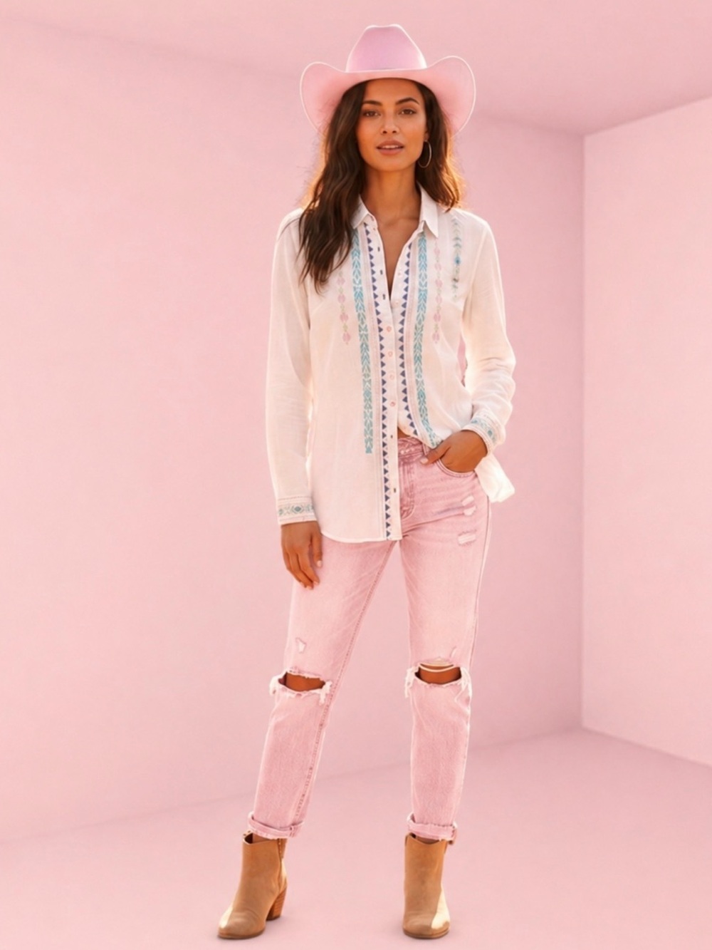 JOHNNY WAS Boho Embroidered White Peasant button up long sleeve Blouse Sz small